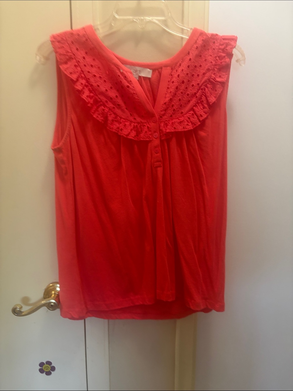 LOFT Coral Eyelet Ruffle Sleeveless Blouse